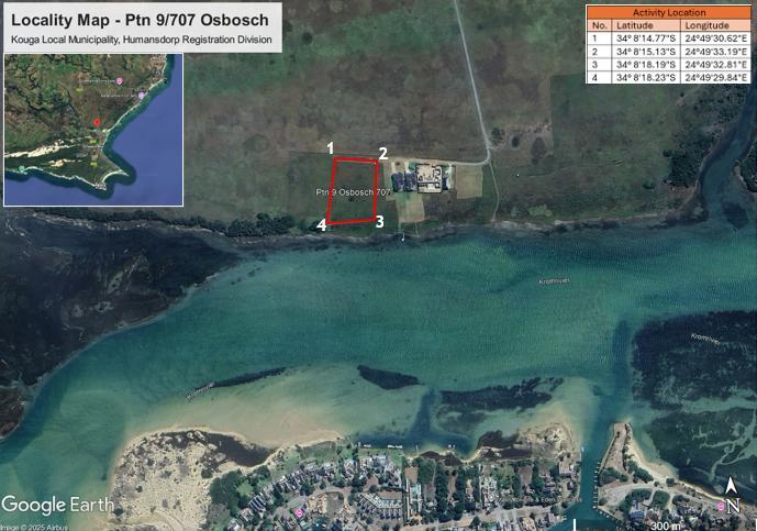 Locality map: the red block (Portion 9) sits on the northern edge of the Kromme River estuary, opposite the Kromme river-mouth settlement